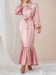 Elasticity Leopard Split-Joint Tied Waist A-Line Bishop Sleeve Mock Neck Maxi Dresses