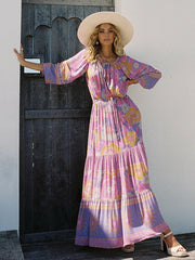Bohemia Long Sleeves Loose Floral Printed Round-Neck Maxi Dress