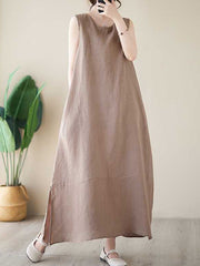 A-Line Loose Solid Color Round-Neck Midi Dresses