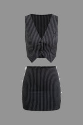Pinstripe V-neck Vest And Bow Tie Mini Skirt Set