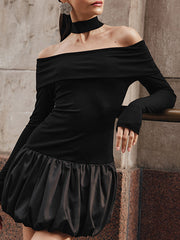 High Waisted Long Sleeves Contrast Color Pleated Split-Joint Off-The-Shoulder Mini Dresses