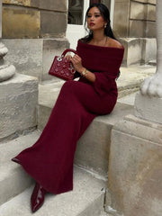 Off Shoulder Long Sleeve Knitted Maxi Dress Women Solid Fashion Backless Bodycon Vestidos 2025 New Lady Party StreetwearChristmas Gifts