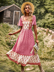 Bohemia Flared Sleeves Loose Floral Printed U-Neck Maxi Dress