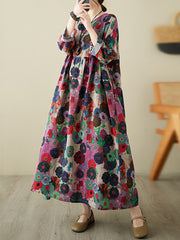 Flower Print Pockets Split-Joint Long Sleeves Loose Round-Neck Midi Dresses