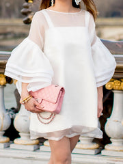 Long Sleeves Loose Falbala See-Through Solid Color Split-Joint Round-neck Mini Dresses