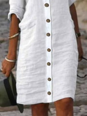 Half Sleeves Loose Buttoned Solid Color Stand Collar Mini Dresses