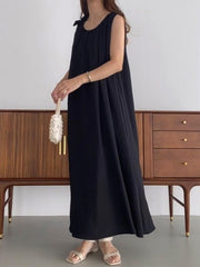 High Waisted Loose Pleated Solid Color Tied Round-Neck Maxi Dresses