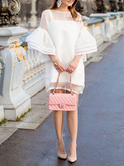 Long Sleeves Loose Falbala See-Through Solid Color Split-Joint Round-neck Mini Dresses