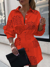 Letter Print Pleated Split-Joint Long Sleeves Loose Lapel Shirt Dress Mini Dresses