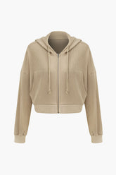 Waffle Kangaroo Pocket Drawstring Zip Up Hooded Cardigan