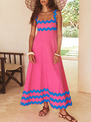 Contrast Color Zipper A-Line High Waisted Square-Neck Midi Dresses