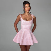 Jacquard Suspender Mini Dress Women's A-line Hem Spaghetti Strap Dress Sexy Backless Lace Up Female Party Evening OutfitChristmas Gifts