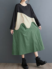 Asymmetric Contrast Color Split-Joint A-Line Long Sleeves Round-Neck Midi Dresses