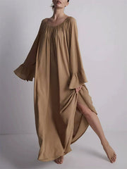 Pleated Solid Color Split-Joint Flared Sleeves Loose Round-Neck Maxi Dresses