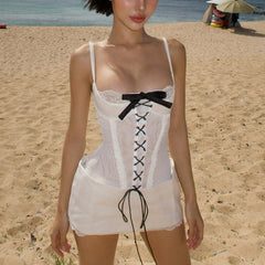 Bow Bandage Lace Splice Spaghetti Strap Dress For Women Sexy Mesh See Through Hot Girl Slim Mini Dress Club Party ClothesChristmas Gifts