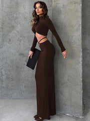 Fall New Skirts Suit Solid Color Long Sleeve Crop Top Twist Ruched Slim Lace Up Sexy Navel Exposed Skirt Matching Sets