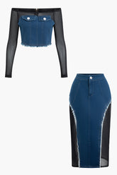 Patchwork Off Shoulder Frayed Trim Crop Top And Midi Skirt Set