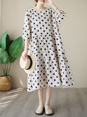 Polka Dot Split-Joint Half Sleeves Loose Midi Dresses