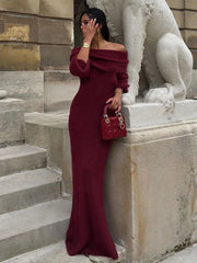 Off Shoulder Long Sleeve Knitted Maxi Dress Women Solid Fashion Backless Bodycon Vestidos 2025 New Lady Party StreetwearChristmas Gifts