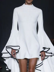 Flared Sleeves Long Sleeves Solid Color Stand Collar Mini Dresses