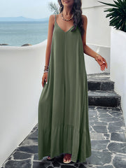 Pleated Solid Color Split-Joint Loose Sleeveless Spaghetti-Neck Maxi Dresses