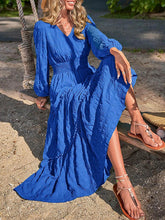 A-Line Long Sleeves Elasticity Solid Color Split-Joint V-Neck Maxi Dresses