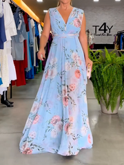 Stylish Floral Printed V-Back Elegant Maxi Dresses