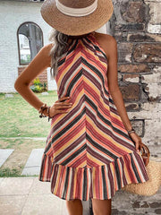 A-Line Loose Contrast Color Pleated Split-Joint Striped Halter-Neck Mini Dresses