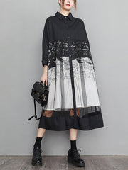 Buttoned Gauze Printed Split-Joint A-Line Long Sleeves Lapel Midi Dresses