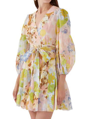 Floral Print Three-Quarter Sleeves Ruffled Mini Dresses