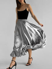 Glossy High Waist Skirt For Women Balloon Skirt Autumn Fashion New Solid Long Skirt Female Loose Elastic Waist StreetwearChristmas Gifts