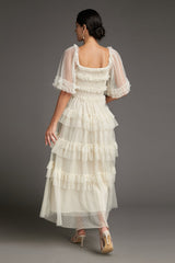 - Beige Swiss Dot Mesh Ruffle Tiered Midi Dress