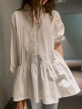 Buttoned Pleated Solid Color A-Line Long Sleeves Lapel Shirt Dress Mini Dresses