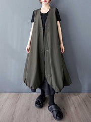 Buttoned Pleated Pockets Solid Color A-Line Loose V-Neck Vest Outerwear Midi Dresses