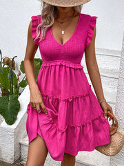 Loose Sleeveless Ruffle Trim Solid Color Split-Joint Deep V-Neck Mini Dresses