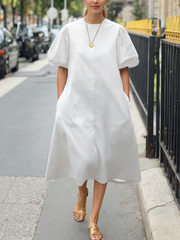 A-Line Loose Pleated Pockets Solid Color Round-Neck Midi Dresses