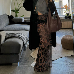 Leopard Mesh Skirt Women's Sexy See-through Mesh Skirt Fashion Printed Patchwork Slim Party Retro Long Skirt Streetwear