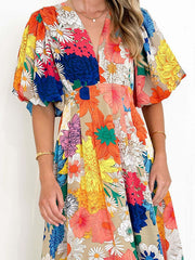 Flower Print Pleated Split-Joint Zipper A-line High Waisted V-neck Maxi Dresses