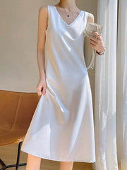 Solid Color A-Line Loose V-Neck Midi Dresses