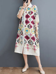 Ethnic Printed Loose Short Sleeves Lapel Midi Dresses