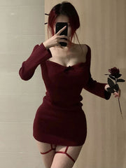 Red Square Collar Christmas Party Dresses Women Autumn Winter Basic Sexy Dress Bodycon Stretch Slim Mini Dress Cute for Girls