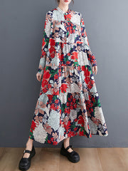 Long Sleeves Loose Floral Printed Round-Neck Midi Dresses