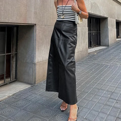 High Waist Straight Skirt Women's 2024 New Patchwork PU Leather Long Skirt Casual Solid High Street Party Club Skirt Y2k