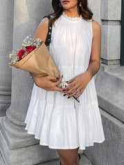 Pleated Ruffled Solid Color Split-Joint A-Line Loose Round-Neck Shirt Dress Mini Dresses