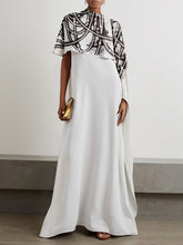 A-Line Capelet Contrast Color Printed Mock Neck Maxi Dresses