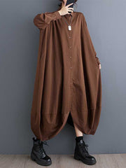 Buttoned Pockets Solid Color Split-Joint A-Line Long Sleeves Lapel Shirt Dress Midi Dresses