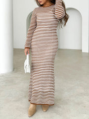 High Waisted Long Sleeves Contrast Color Striped Tied Round-Neck Midi Dresses Sweater Dresses