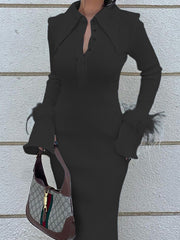 Skinny Feathers Slightly Sheer Split-Joint Lapel Maxi Dresses