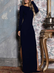 Bodycon Long Sleeves Backless Solid Color Split-Joint Split-Side Round-Neck Maxi Dresses