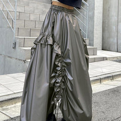 Retro A-Line Skirt Women's High Waist Solid Drawstring Pleated Umbrella Skirt Streetwear Casual Y2k Skirt Female Outfits